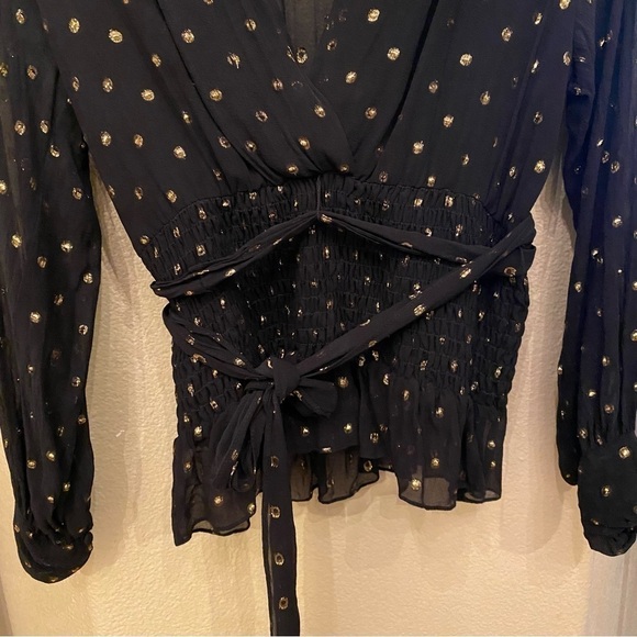 ABS Women Black Sheer Gold Metallic Polka Dot Silk Blend Tie Waist Top-Medium - Picture 3 of 8